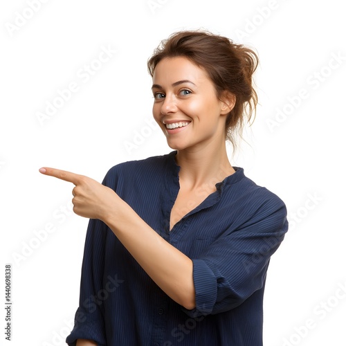 Smiling woman in blue shirt pointing to the left with white background in a studio shot image
