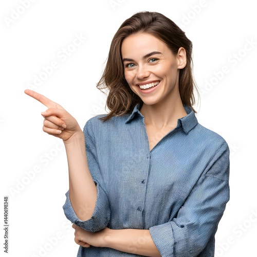 Portrait of a smiling woman in a blue striped shirt pointing to the left on a white background studio shot