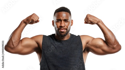 Muscular man flexing biceps in a tank top against a white background showing off his physique strength