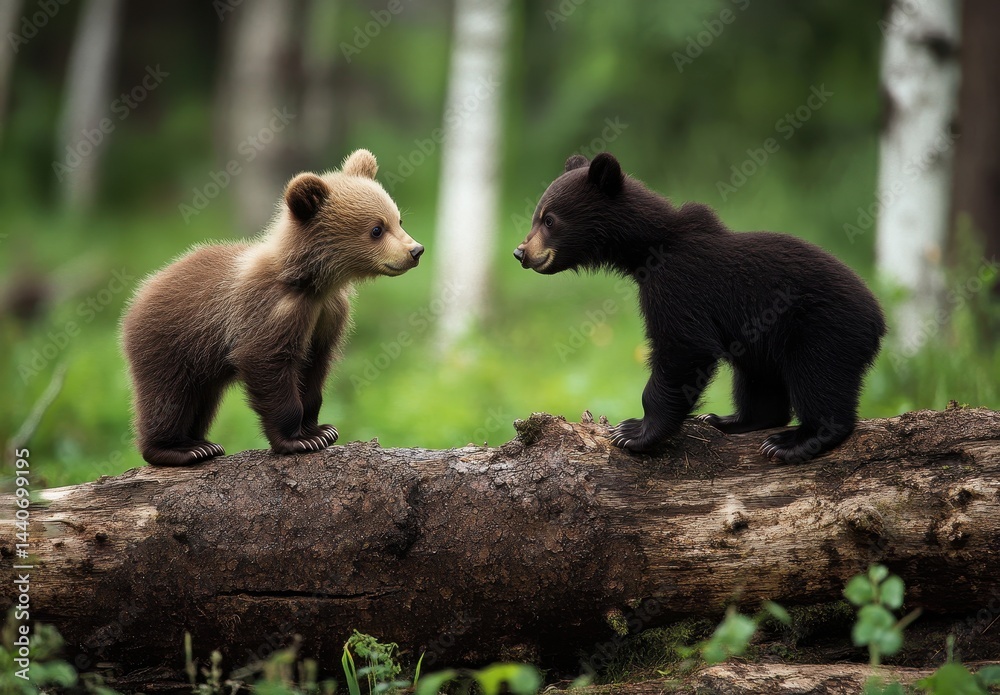 Fototapeta premium Two Playful Bear Cubs Curiously Facing Each Other in a Lush Green Forest Landscape Surrounded by Trees and Vegetation