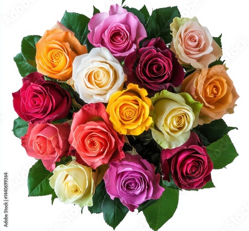 Vibrant Arrangement of Colorful Roses with Green Leaves, Perfect for Celebrations and Decorative Purposes in Floral Design and Gift Giving