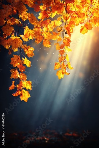 Golden autumn leaves illuminated by sunlight creating a serene and magical atmosphere in a dark forest with radiant beams and a dreamy ambiance