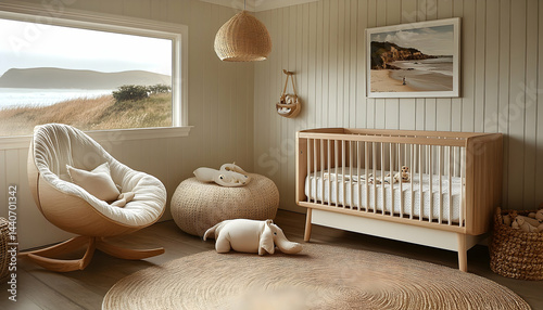 Serene nursery interior with crib and rocking chair
