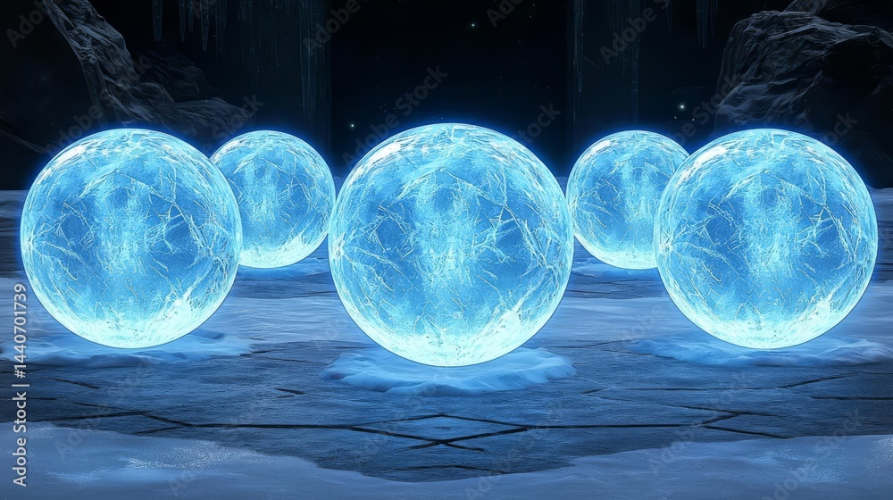 Fototapeta premium A collection of glowing blue spheres with mystical patterns, showcasing vibrant energy and a futuristic feel.