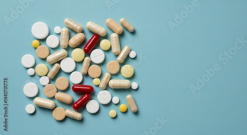 Assorted medications scattered on a blue background  