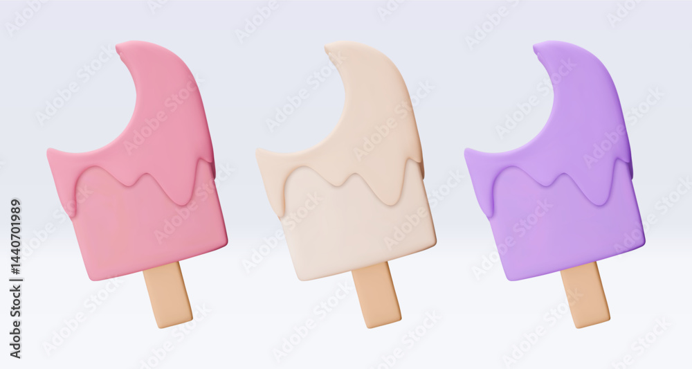 Set bitten Ice cream with chokolate glaze, icon, 3d render. Design elements. Realistic fast food icon. Sweet food. Vector illustration isolated on white for menu, shop, flyer, banner, web, adv, sale Set bitten Ice cream with chokolate glaze, icon, 3d render. Design elements. Realistic fast food icon. Sweet food. Vector illustration isolated on white for menu, shop, flyer, banner, web, adv, sale