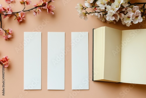 Japanese style bookmark mockup placed on open book surrounded by delicate floral decor and traditional elements serene cozy atmosphere concept of publishing design stationery marketing.