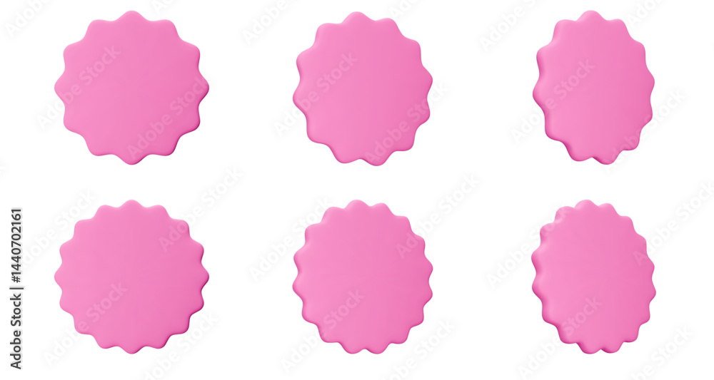 Set pink stickers, badge mockup. Blank labels of circle shapes with wavy edge. Vector illustration isolated on white. Copy space. Patches for preview tags, labels, design, presentation, adv Set pink stickers, badge mockup. Blank labels of circle shapes with wavy edge. Vector illustration isolated on white. Copy space. Patches for preview tags, labels, design, presentation, adv