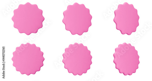 Set pink stickers, badge mockup. Blank labels of circle shapes with wavy edge. Vector illustration isolated on white. Copy space. Patches for preview tags, labels, design, presentation, adv