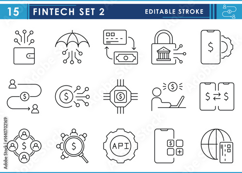 A set of line icons related to Fintech. Technology, finance, money, transfer, digital, wallet, and so on. Vector editable stroke.