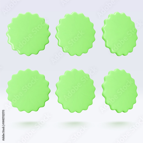 Set green stickers, badge mockup. Blank labels of circle shapes with wavy edge. Vector illustration isolated on white. Copy space. Patches for preview tags, labels, design, presentation, adv