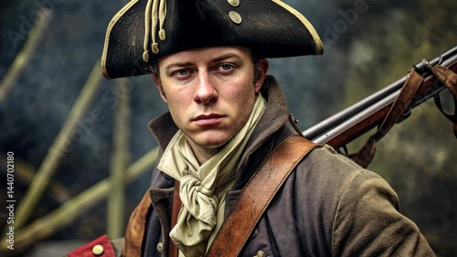 An American Revolutionary soldier loading his musket in a wooded area during the late 18th century, preparing for a pivotal battle in the fight for independence