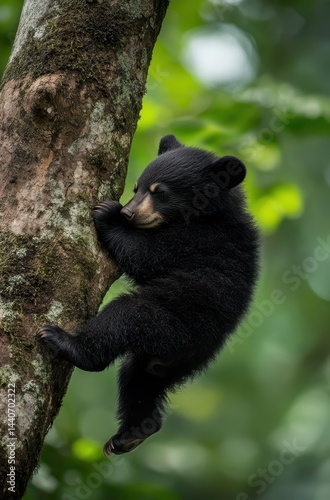 Wallpaper Mural Young Black Bear Climbing a Tree in Lush Green Forest Surrounded by Nature's Beauty and Serenity Torontodigital.ca