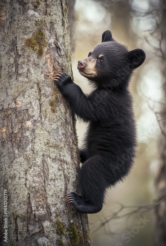 Wallpaper Mural Young Black Bear Cub Climbing a Tree in a Forest Environment with Soft Focus Background, Capturing Nature's Wildlife in Springtime Serenity Torontodigital.ca