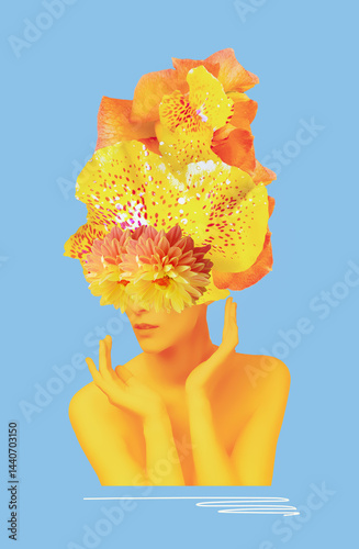 Abstract contemporary art collage portrait of young woman with flowers on face hides her eyes