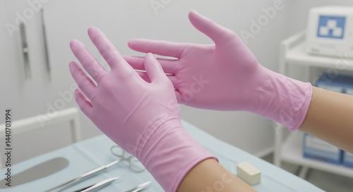 Medical professional wearing pink gloves preparing for surgery  
