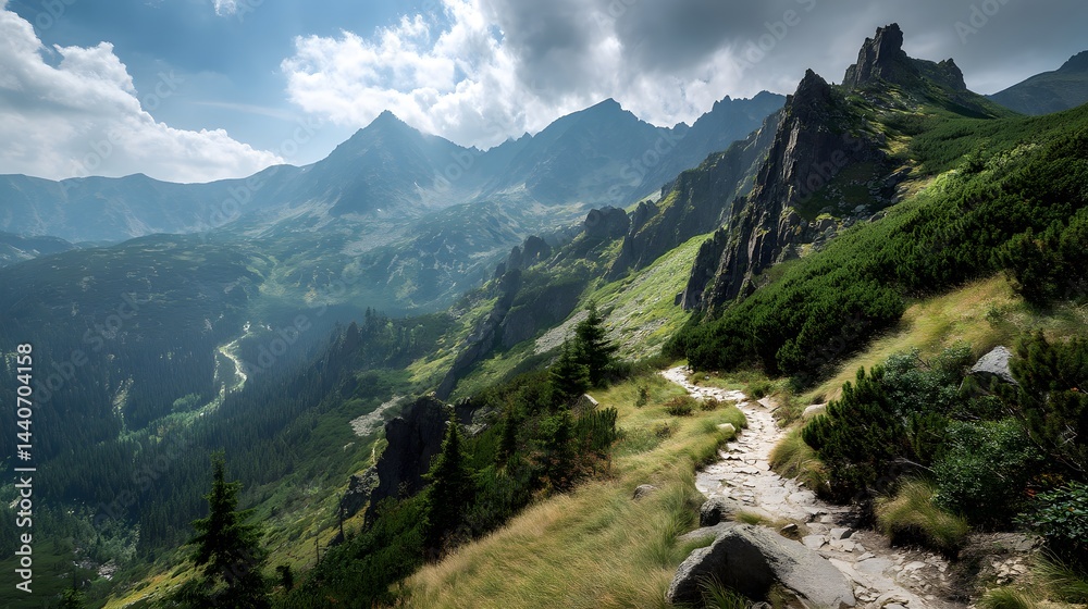 Fototapeta premium A mountain trail winding through a lush green landscape under a cloudy sky with distant peaks visible