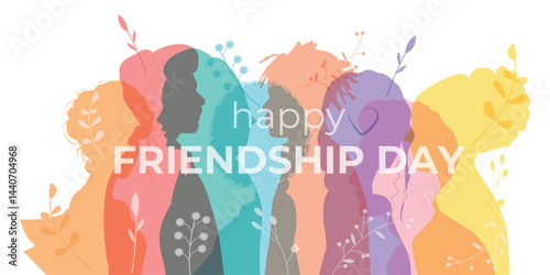 friendship day greeting card with people. Vector image of friends of different ages and nationalities