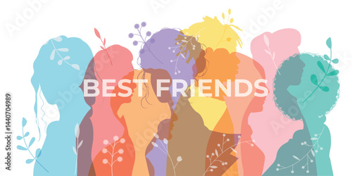 friends having fun, friendship, friendship concept. Vector image of friends of different ages and nationalities