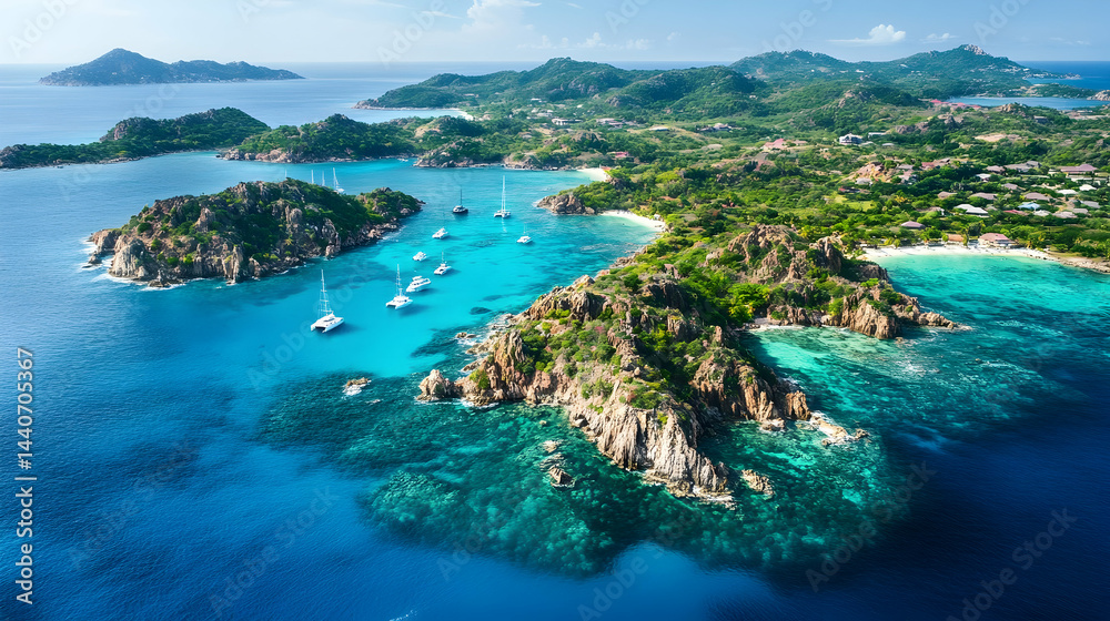 Obraz premium Aerial view of idyllic tropical islands with sailboats in crystal clear waters