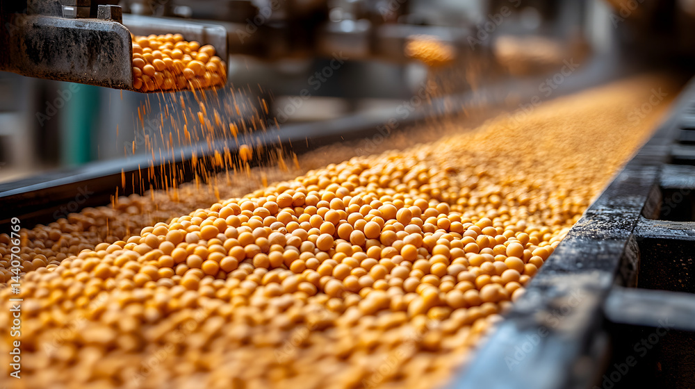 Soybeans flowing from a conveyor belt into a container, symbolizing agricultural production Soybeans flowing from a conveyor belt into a container, symbolizing agricultural production