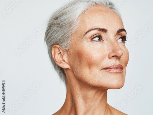 Elegant mature caucasian female with silver hair and graceful gaze