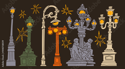 Retro, vintage street Lanterns, lamppost. Different city light lamp poles. Modern classic gothic style. Various shapes, ornaments. Hand drawn trendy Vector illustration. Isolated design elements