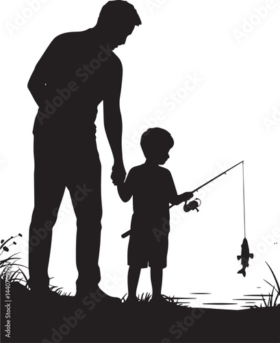 A peaceful black and white silhouette of a father and son fishing by the water, highlighting their connection and shared moment of family bonding