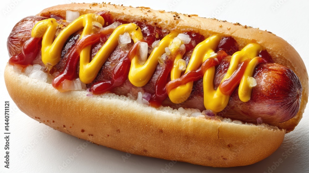 a delicious hot dog with ketchup and mustard on a white isolated background, savory and tempting look a delicious hot dog with ketchup and mustard on a white isolated background, savory and tempting look
