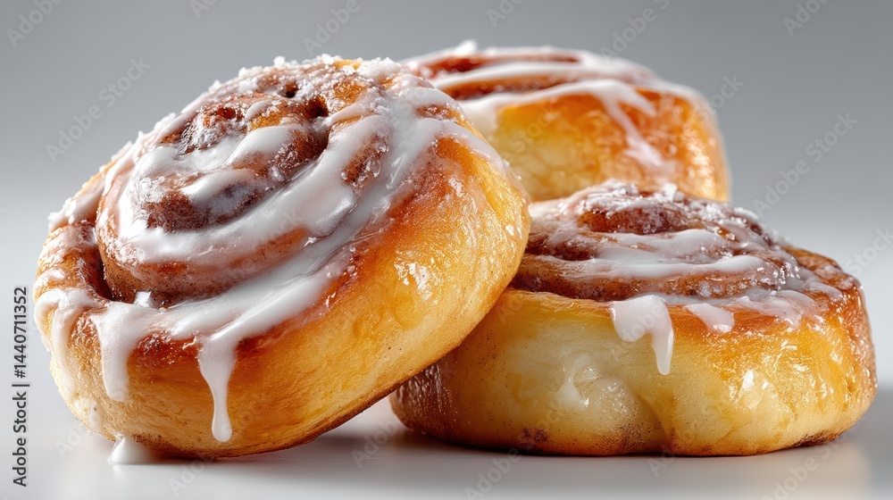 a set of freshly baked cinnamon rolls with icing on a white isolated background, sweet and indulgent look a set of freshly baked cinnamon rolls with icing on a white isolated background, sweet and indulgent look