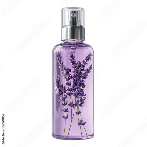 Lavender body mist bottle with elegant design, silver cap, and labeled with floral pattern isolated on transparent background.