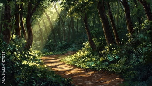Fototapeta Naklejka Na Ścianę i Meble -  Sunlit forest path winding through lush greenery.  Sunlight streams through the canopy, illuminating a narrow dirt path.  Dense foliage surrounds the trail
