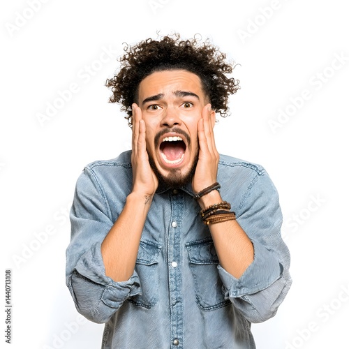 A man with curly hair wearing a denim shirt expressing fear and shock with hands on his face and mouth open
