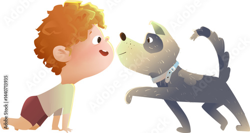 Curious Little Boy and his Best Friend Dog Meeting and Sniffing each other. Baby boy standing on all four and his puppy, pet friendship cartoon for children. Kids vector illustration clip art.