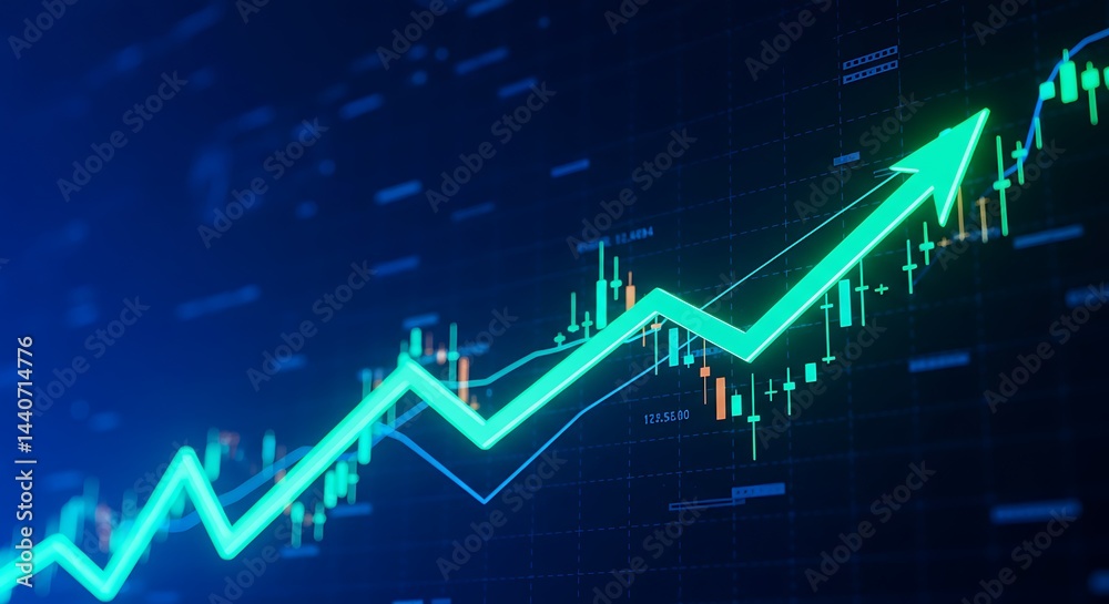 Rising Stock Market Trend with Green Arrow on Digital Chart Rising Stock Market Trend with Green Arrow on Digital Chart