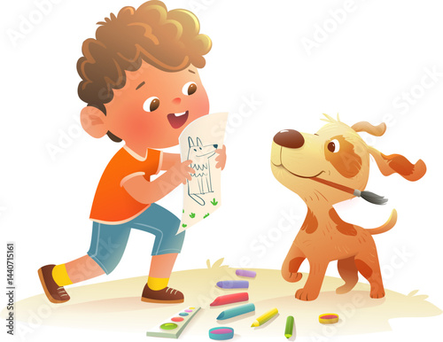 Creative preschool child boy drawing pictures and play with friend dog. Fun and creative drawing activity for kids with art, craft and painting projects. Vector clip art preschool kids cartoon