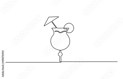Continuous one line drawing of orange juice vector illustration . Orange juice in a glass with lemon wedges on the glass. Glass of orange drink and lemon slices in doodle style.