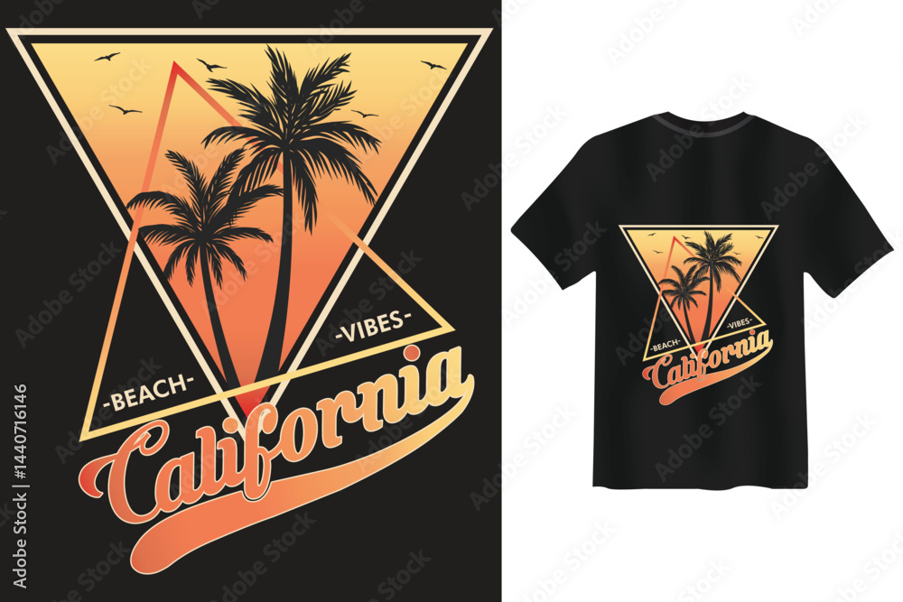 California beach vibes retro design with palm trees on black tshirt