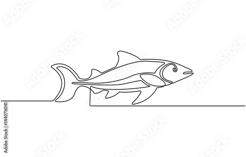 Single one line drawing Fish and wild marine animals concept. Continuous line draw design graphic vector illustration.