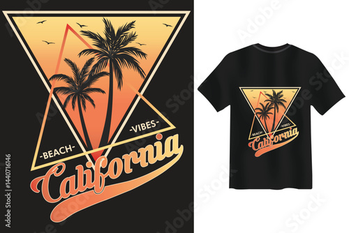 California beach vibes retro design with palm trees on black tshirt