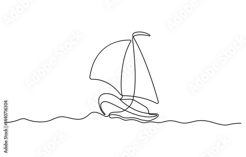 Continuous one line drawing of sailboat. Business icon. Vector illustration, Sailboat single minimal line drawing on white background, Sea boat vector illustration in doodle style.