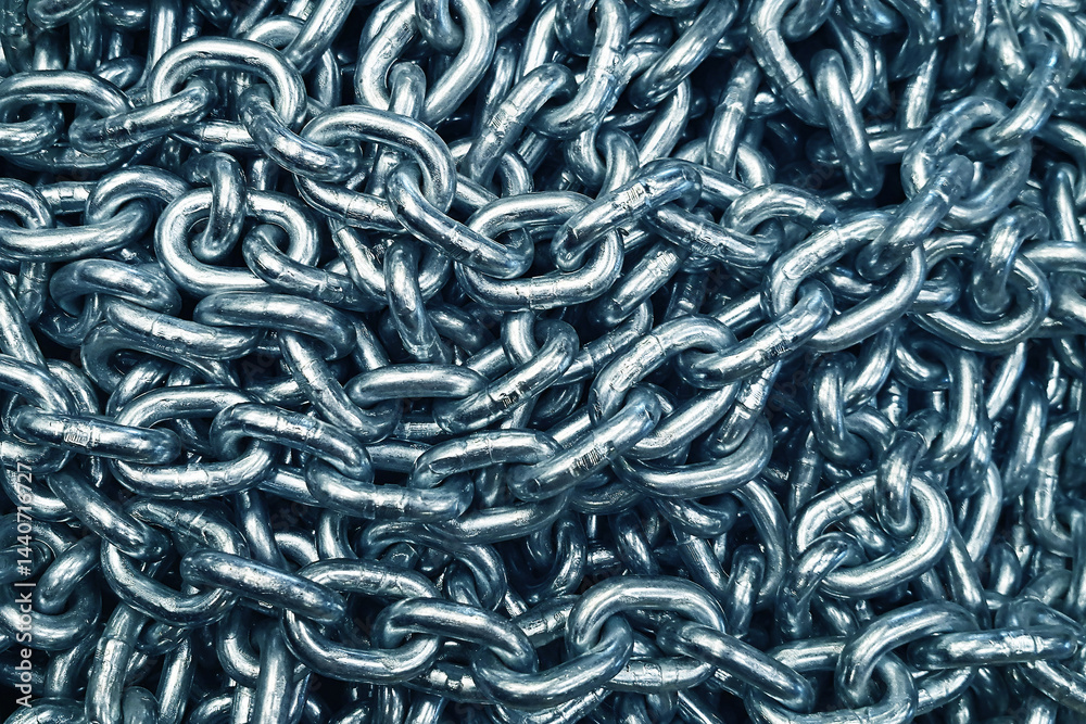 Heavy silver chains. Strong metal links. Industrial power. Concept of strength. Shiny steel surface. Security symbol. Durable hardware. Abstract metal background. Force and connection concept.