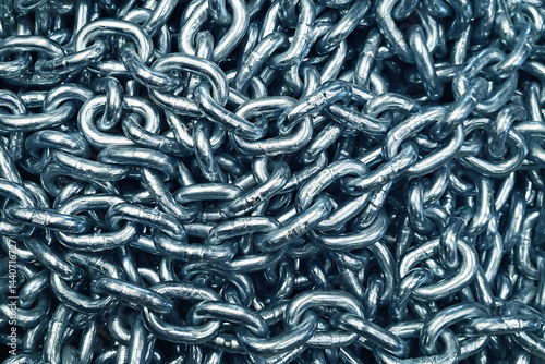 Obraz na płótnie Heavy silver chains. Strong metal links. Industrial power. Concept of strength. Shiny steel surface. Security symbol. Durable hardware. Abstract metal background. Force and connection concept. w salonie