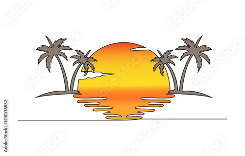 Oasis island line drawing with coconut palm tree, sunset or sunrise. Abstract tropical landscape with mountains, sea, palm tree. Vector sunset wallpaper for minimal poster.