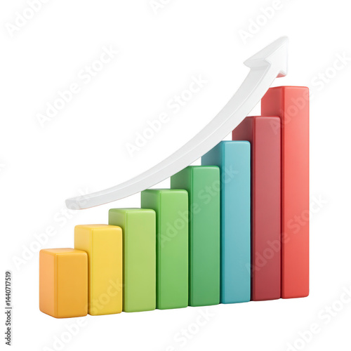 Colorful 3D bar graph with upward arrow represents growth and success. bars are in shades of yellow, green, blue, and red, symbolizing progress and positive trends Free Download Colorful 3D bar graph with upward arrow represents growth and success. bars are in shades of yellow, green, blue, and red, symbolizing progress and positive trends - GFXLoad