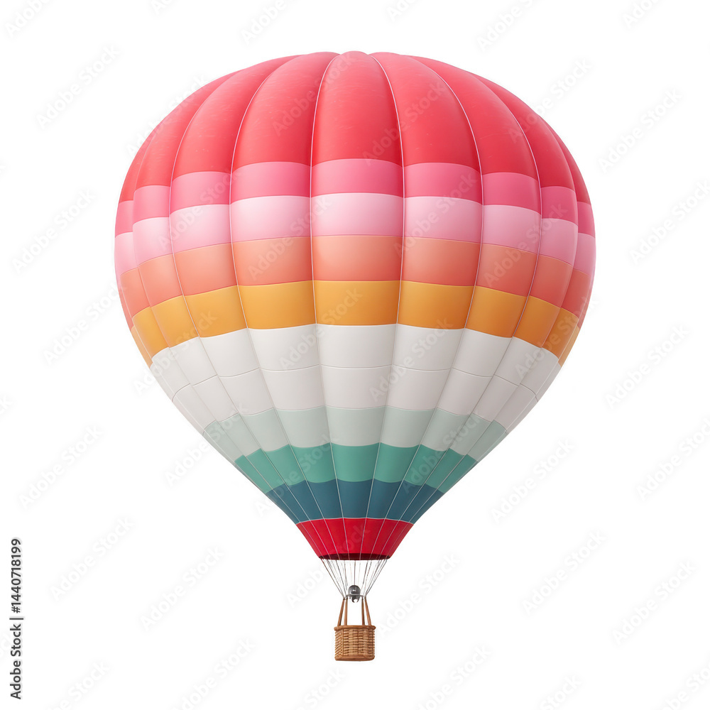 Naklejka premium Colorful hot air balloon with stripes of red, pink, orange, yellow, white, and green floats against transparency background, evoking sense of adventure and freedom