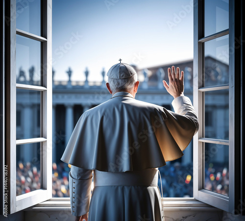 Pope of the Catholic Church looking at the crowd in St. Peter's Square, in the Vatican