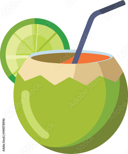 Coconut Drink With Straw And Lime Wedge On White Background