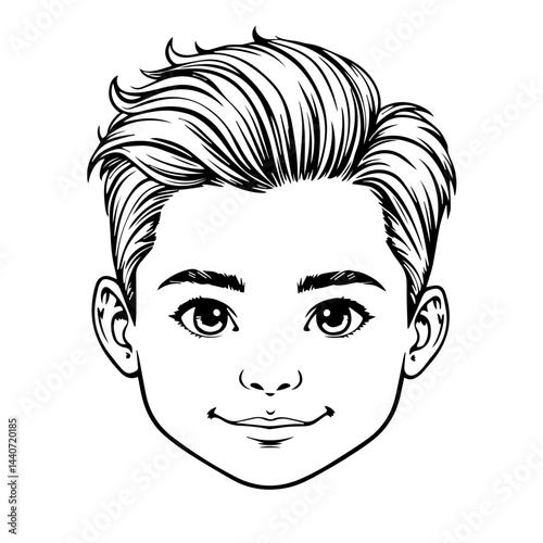 Illustration of a boy's face with a stylish haircut in black and white, for hairstyle guides