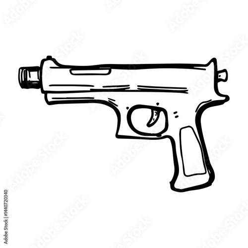 Doodle style gun illustration, black and white, for web design